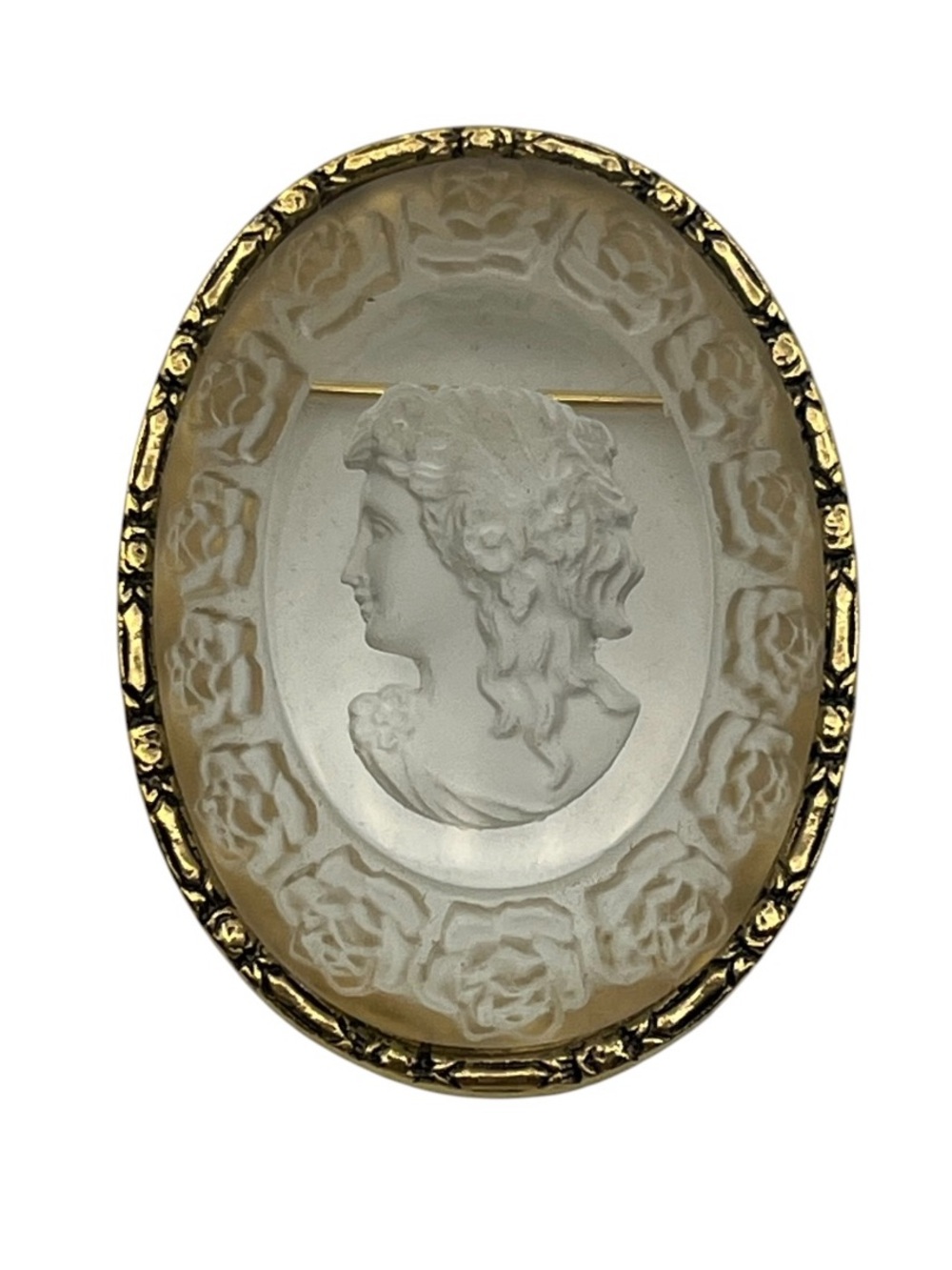 Intaglio carved lucite cameo lady silhouette gold tone brooch pin vintage flower